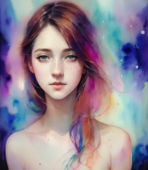 (8k, best quality, masterpiece:1.2),(best quality:1.0), (ultra highres:1.0), watercolor, trishuna, by agnes cecile, half body portrait, extremely luminous bright design, pastel colors, (ink:1.3), autumn lights, 