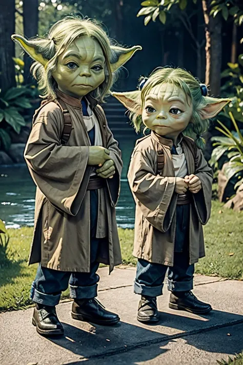 short yoda twins with huge banged mullets