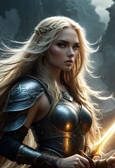 blonde with long hair warrior in dark fantasy 