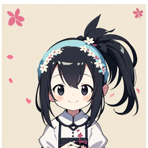 Transparent watercolor、girl、Gemstone Eyes、Beautiful arrangements and motifs、Depth of written border、Flat avatar, 1girl, smile, Wink、Close one eye、Black Hair((side ponytail)), White tips, 、Background white、Cherry blossom petals, Cute girl, Modest clothing, ...