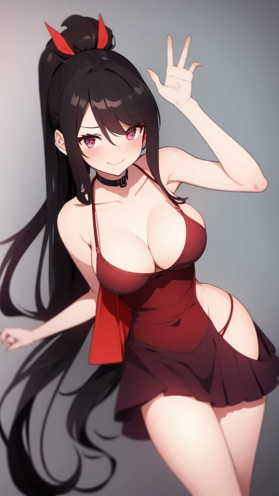 High tail hairstyle, Ponytail hairstyle, Long wavy black hair, standing posing, anime girl style, pixel art anime style,penetrating look with deep eyes,red and purple eyes, hair with a ponytail hairstyle trapped with a big red bun, women, red hair clips, x...