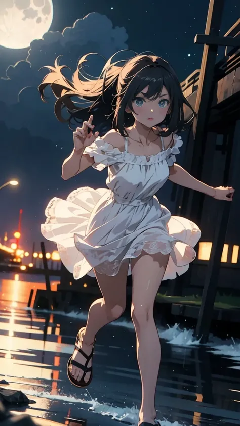 Top quality. Anime style, young woman in white lace dress, long hair, background is moonlit seaside, running. Holding sandals in one hand