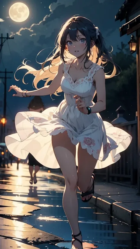 Top quality. Anime style, young woman in white lace dress, long hair, background is moonlit seaside, running. Holding sandals in one hand