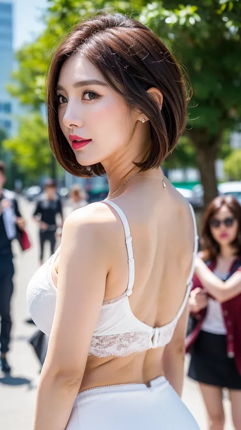 Highest quality, Face Focus, Soft Light, Ultra-high resolution, (Realistic:1.4), Mom Korean. 37 years old)). Slim Abs:1.2.. Makeup face. Red lipstick. (((Short brown hair))). ((I rode it a lot)). Show me your ears. In front of the camera. Ear texture. Ear ...