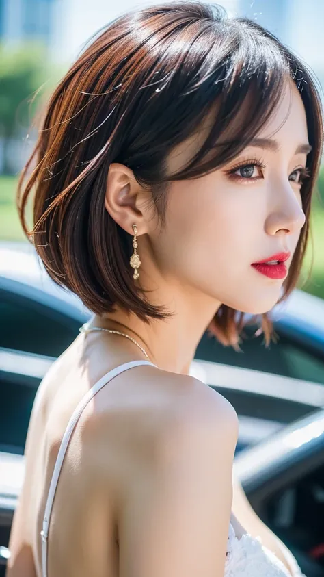 Highest quality, Face Focus, Soft Light, Ultra-high resolution, (Realistic:1.4), Mom Korean. 37 years old)). Slim Abs:1.2.. Makeup face. Red lipstick. (((Short brown hair))). ((I rode it a lot)). Show me your ears. In front of the camera. Ear texture. Ear ...