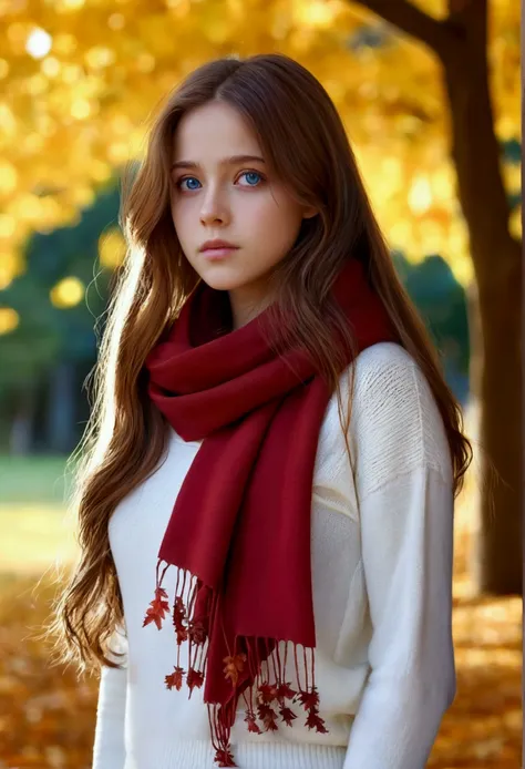 (work of art), best qualityer, ultra detali, illustration, warm lighting, soft lighting, shiny colors, 1 girl, standing alone,( beautiful girl, long hair, blue colored eyes, cinta, chestnut hair, hair between the eyes, hair cinta, side locks, very long hai...