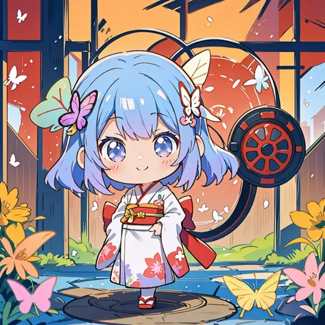 Anime characters in Japan（chibi girl、smile、kimono、butterfly hair ornament）There is a manhole cover with a、colorful