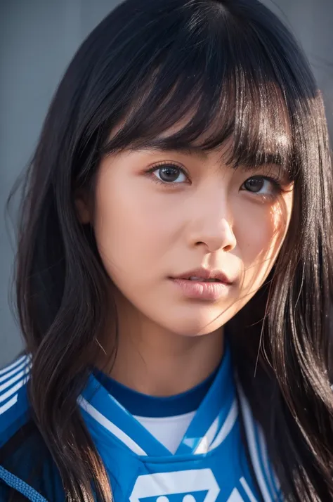 30-year-old woman,Long face,Black Hair,Asian,Long Hair,Long Bangs,Blue Eyes,Dark Skin,Adidas,Jersey