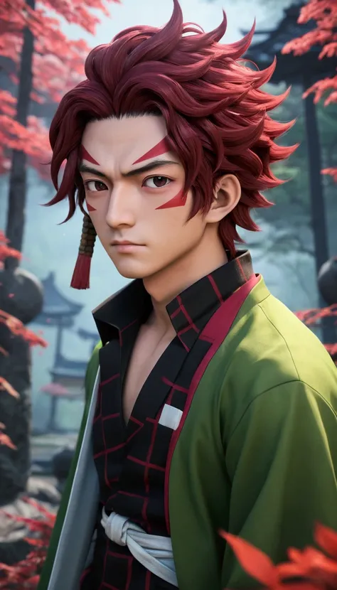 Boy, kamando tanjiro, demon slayer. Make a pictur like a real kamando tanjiro (detailed face) (detailed hair) (detailed eyes) (detailed clothes). ((Ultra realistic)) ((High resulution)) ((Best quality)) ((Masterpiece))