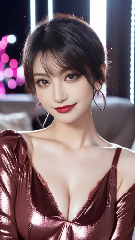 Mature Woman, Beautiful woman、(Big cleavage、Tight clothing、(Full Shot, /Red eyeliner/、/Fluorescent pink glossy lipstick/)、Long Shot, Beautiful depiction、Knowledgeable person、Detailed Background、Earrings、clavicle、(((Big Breasts)))、((long Full Shot:1.8))、One...