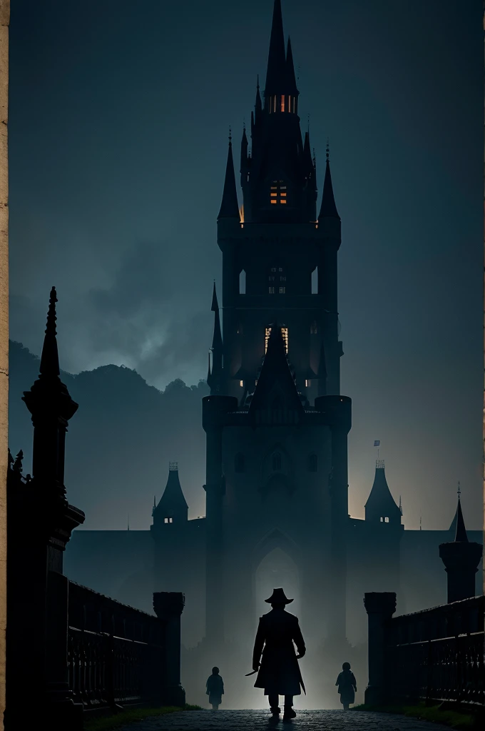 A shadow of a boy in civilian clothes, approaching a large castle in the darkness of the night, a fantasy atmosphere. ethereal. magic.  Poster for an untitled film. The boy&#39;s hair is shiny black, and his eyebrows are furrowed in determination. The boy ...