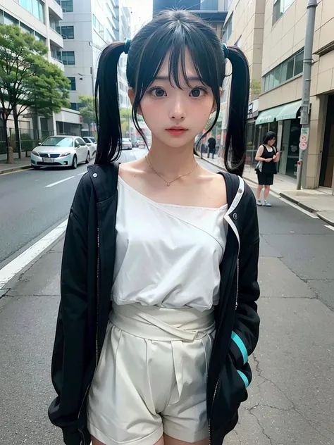 40-year-old Japanese woman、Black Hair、Hair is very short、Twin tails、Hatsune Miku Costume、Headphones、Flat Chest、Realistic photos、Realistic、8K quality、expensive、No bangs、Street Snap、