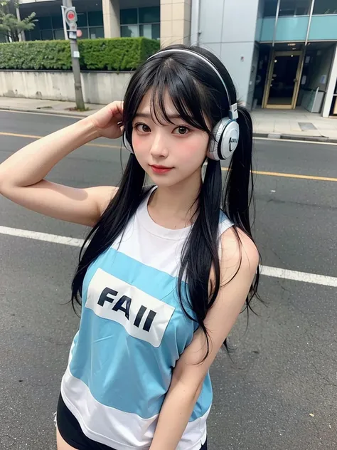 40-year-old Japanese woman、Black Hair、Hair is very short、Twin tails、Hatsune Miku Costume、Headphones、Flat Chest、Realistic photos、Realistic、8K quality、expensive、No bangs、Street Snap、