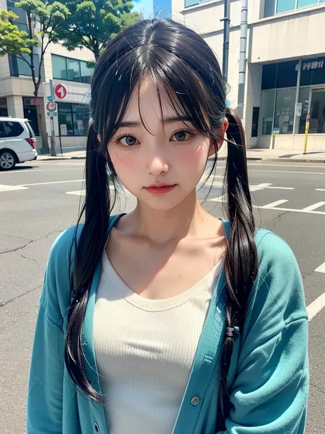 40-year-old Japanese woman、Black Hair、Hair is very short、Twin tails、Hatsune Miku Costume、Headphones、Flat Chest、Realistic photos、Realistic、8K quality、expensive、No bangs、Street Snap、