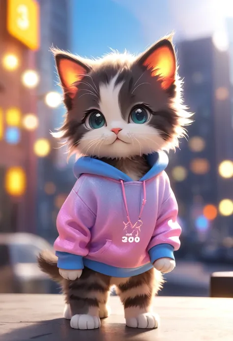 Cute kitten，Hairy，wear sweatshirt, blurred city background, Cute numbers, 3D Rendering, Bright light, Vibrant colors,