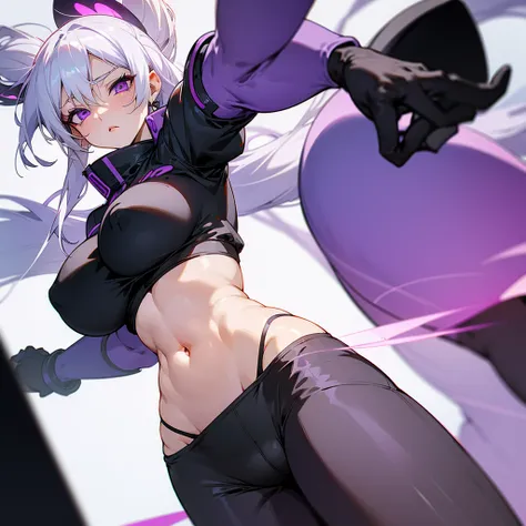 Anime woman white hair purple eyes big ass big tits in leggings and with a black top with focus on the back and her navel showing and she is very, very hot