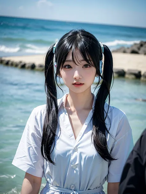 40-year-old Japanese woman、Black Hair、Hair is very short、Twin tails、Hatsune Miku Costume、Headphones、Flat Chest、Realistic photos、Realistic、8K quality、expensive、No bangs、Beach、High resolution, Highest quality, Anatomically correct, Winner of numerous awards,...