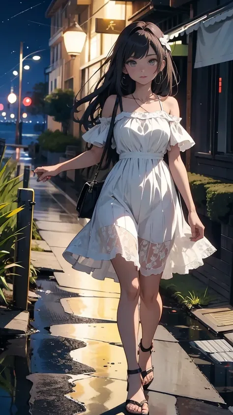 Top quality. Anime style, young woman in white lace dress, long hair, background is moonlit seaside, walking slowly. Holding sandals in one hand