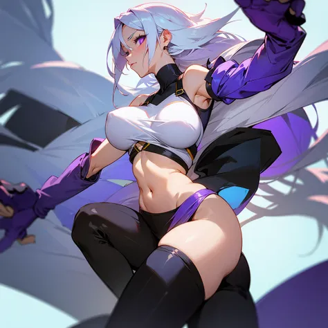 Anime woman white hair purple eyes big ass big tits in leggings and with a black top with focus on the back and her navel showing and she is very, very hot