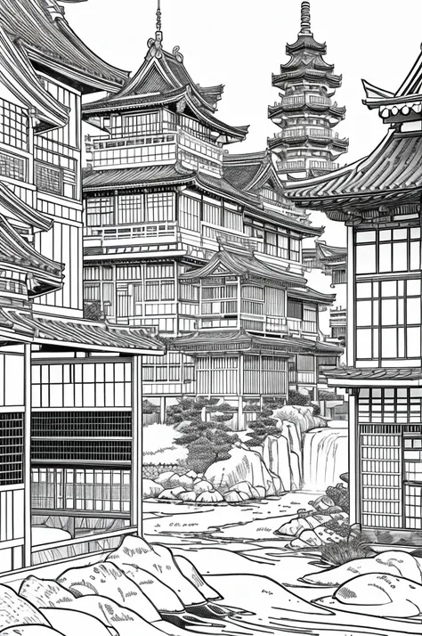 A coloring book of ukiyo-e with castles that will help you understand Japanese culture、Black and White