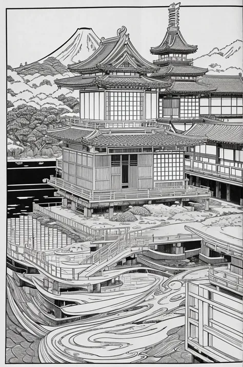 A coloring book of ukiyo-e with castles that will help you understand Japanese culture、Black and White