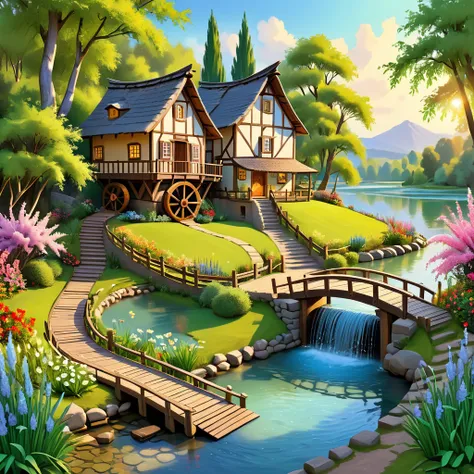 (masterpiece), best quality, Beautiful diorama in 3D isometric view of a whimsical place with a round riverside straw hut with gracious lighted simple window, a huge water wheel touching the water, wooden fenced in flourishing garden of flowers, a winding ...