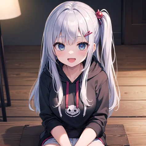 ((masterpiece, best quality)),high resolution,ultra detailed,8k,16k,detailed background, perfect lighting, 1girl,solo,look at viewer,:d,silver hair,sitting,twin side up,long hair,hoodie,upper body,hair ornament