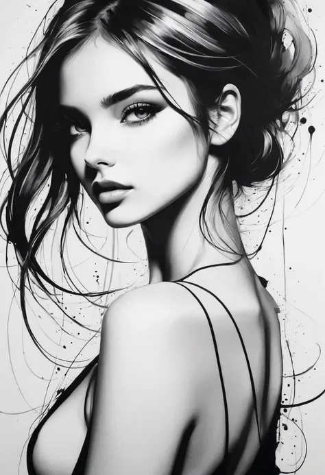 girl，black and white painting，outlined with black ink，smooth lines，the girl&#39;s expression and posture are shown through the c...