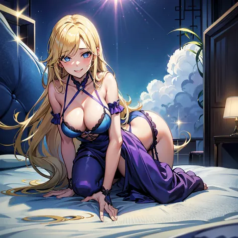 1 , breasts big, gazing at viewer, high resolution, blue colored eyes, laughter, hair blonde, very long hair, slickedback hair, Hair over the shoulder, loose hair, blushful, laughter, make-up, slightly-smile, Excited face, ass pov, anime styling, dressed i...