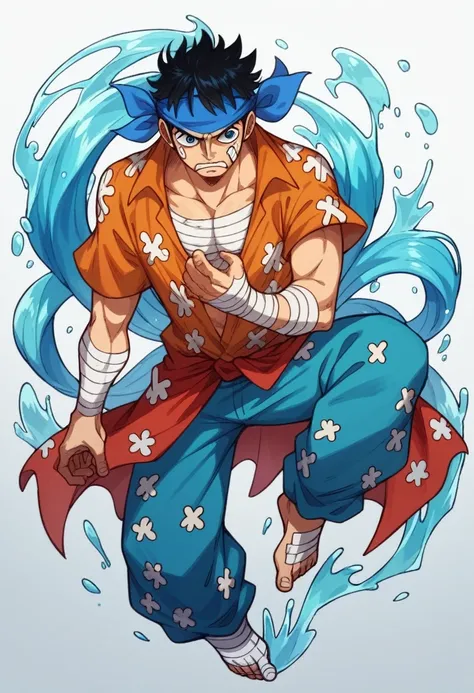 Human Male, Black hair , blue pupils,Bandage  Barefoot ,big pants , Pirate shirt ,One piece ,Bandana hair ,Full body  ,water Power , BLUE pupils ,