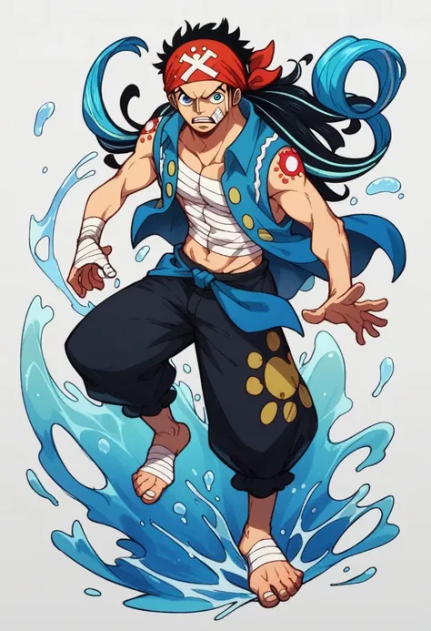 Human Male, Black hair , blue pupils,Bandage  Barefoot ,big pants , Pirate shirt ,One piece ,Bandana hair ,Full body  ,water Power , BLUE pupils ,