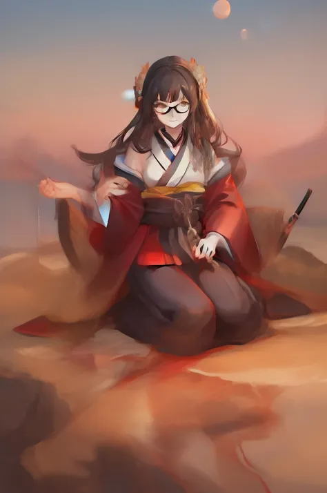 masterpiece, detailed, ultra detailed, male, samurai, happy, smiling, sitting on the floor, looking away, semi long, messy hair, black hair, brown eyes, tareme, pale skin, tall, skinny, kimono, glasses, holding fishing rod, 40-year-old, japanese, in the oc...