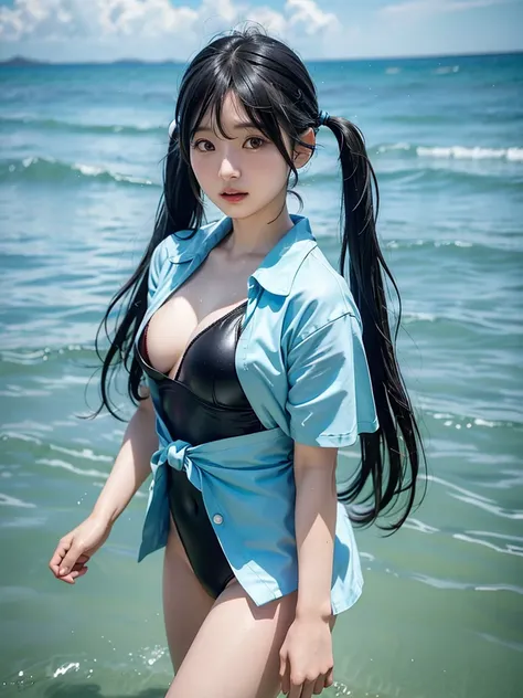 40-year-old Japanese woman、Black Hair、Hair is very short、Twin tails、Hatsune Miku Costume、Headphones、Flat Chest、Realistic photos、Realistic、8K quality、expensive、No bangs、Seaside、Swimwear、High resolution, Highest quality, Anatomically correct, Winner of numer...