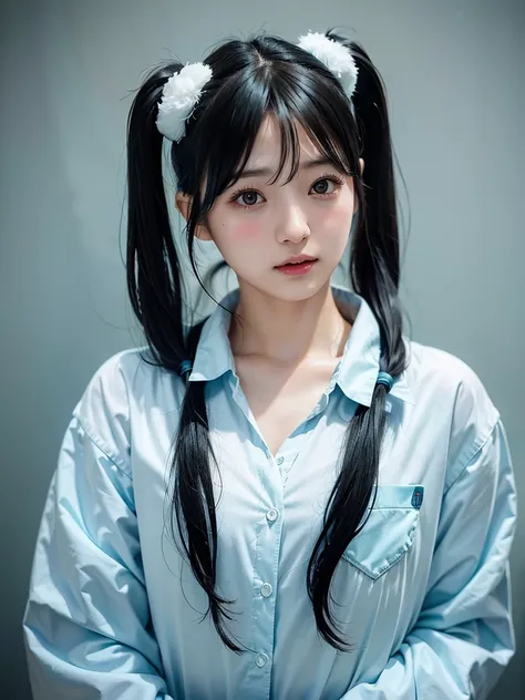 40-year-old Japanese woman、Black Hair、Hair is very short、Twin tails、Hatsune Miku Costume、Headphones、Flat Chest、Realistic photos、Realistic、8K quality、expensive、No bangs、Photo book cover、High resolution, Highest quality, Anatomically correct, Winner of numer...