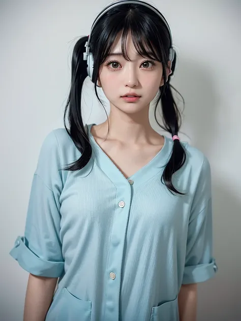 40-year-old Japanese woman、Black Hair、Hair is very short、Twin tails、Hatsune Miku Costume、Headphones、Flat Chest、Realistic photos、Realistic、8K quality、expensive、No bangs、Photo book cover、High resolution, Highest quality, Anatomically correct, Winner of numer...