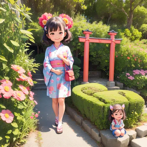 photoRealstic、Japan shrine in the background、３Year old girl、Wearing a kimono to celebrate Shichi-Go-San、Traditional events of Japan、Smile, kawaii pose 、 ultradetailed eyes、Full Paint、Floral hair ornament、butterfly hair ornament、on my right hand, I have a b...