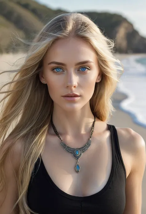 Portrait of a stunning woman with piercing grey blue eyes and long flowing blonde hair, wearing black tank-top, realistic, intricate details in the clothing and facial features, on the beach, natural lighting to enhance the depth and realism of the image
