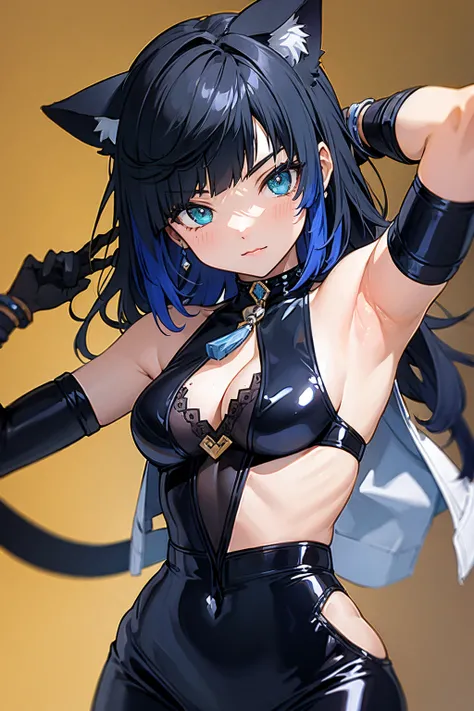 (masterpiece, best quality:1.4), anime girl in black latex , black shiny latex, visible armpits, (((cute))), (cat ears)