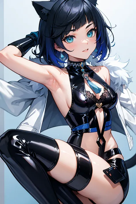 (masterpiece, best quality:1.4), anime girl in black latex , black shiny latex, visible armpits, (((cute))), (cat ears)