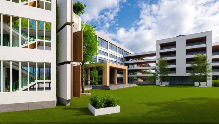 there is a courtyard with a planter and a building in the background, architecture render, architectural render, architectural 3 d render, architectural visualization, low angle dimetric rendering, rendered in lumion pro, render in vray, highly detailed re...