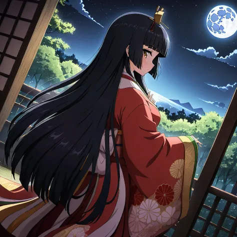 sli artstyle, the world of kaguyahime, (a girl looking fleetingly at the full moon in the distance:1.3), hinamatsuri ohinasama, ...