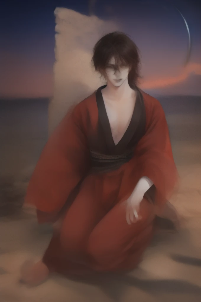 masterpiece, detailed, ultra detailed, male, samurai, happy, smiling, sitting on the floor, looking away, semi long, messy hair, black hair, brown eyes, tareme, pale skin, tall, skinny, kimono, glasses, holding fishing rod, 40-year-old, japanese, in the oc...