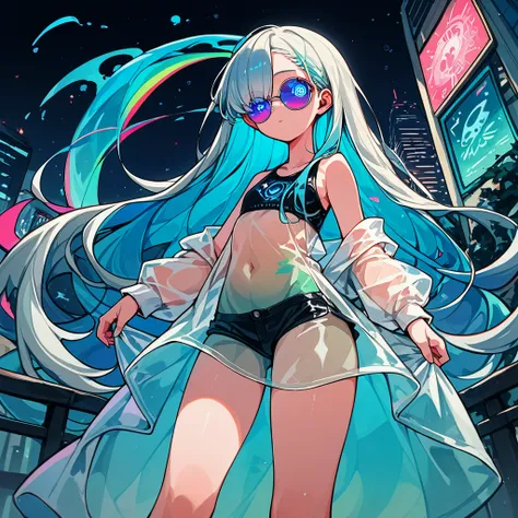 score_9_up, score_8_up, score_7_up, score_6_up, source_anime，cinematic angle、1girl、2d, flat、Transparent color PVC clothing, Transparent Color Vinyl Clothing, Prismatic, Holographic, chromatic aberration, clear skin, shiny hair, ultra detailed eyes, eye hig...