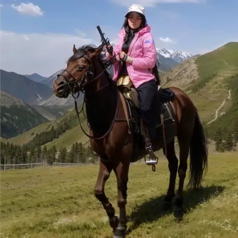 there is a woman Riding a horse in the mountains with a rifle, Kazakh Queen, horse riding, 👰 🏇 ❌ 🍃, horse riding, Riding a horse, horse riding, Driven by horses, Mongolia, Sihors Valley, Mountains in the background, The horse is on top, With mountains as a...