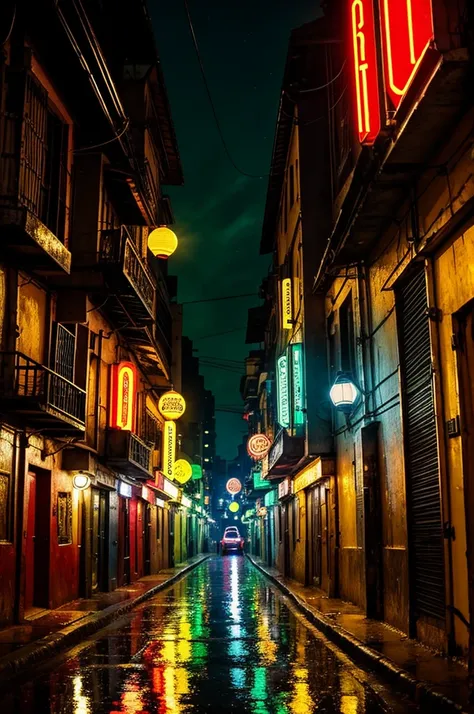 A crystal ball rests on a wet, reflective surface in a wide funky highlife Ghanaian alley. Vibrant neon lights in red, gold and green illuminate the scene, casting a futuristic glow on the surrounding buildings. The sphere refracts the distorted village wi...