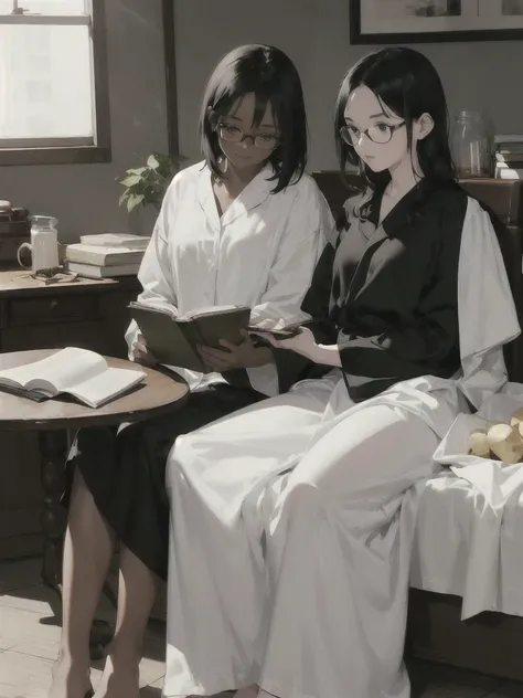 Two girls. The first girl: dark-skinned, African-American, shoulder length black hair, round glasses, dressed in white pajamas, eats potatoes for dinner. Second girl: White skin, Short black hair, dressed in a black robe and black underwear, reading a book...