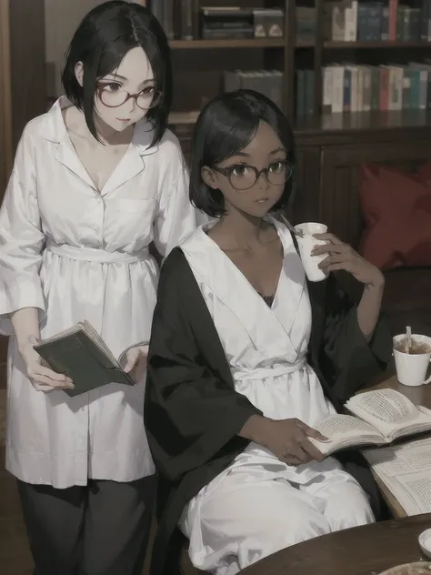 Two girls. The first girl: dark-skinned, African-American, shoulder length black hair, round glasses, dressed in white pajamas, eats potatoes for dinner. Second girl: White skin, Short black hair, dressed in a black robe and black underwear, reading a book...