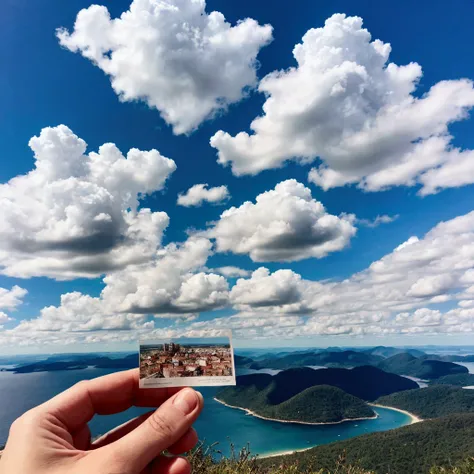 holding a half-torn postcard up to the clouds so that the clouds complete the missing portion of the image on the postcard