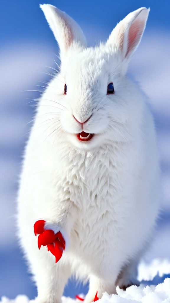 A white rabbit with sharp teeth, sharp bloody claws, red eyes, on snowy mountain,