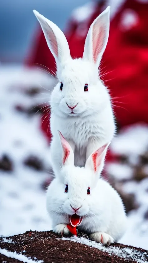 A white rabbit with sharp teeth, sharp bloody claws, red eyes, on snowy mountain,